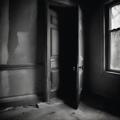 The door creaked open obliquely, revealing the eerie darkness of the haunted house.