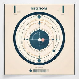 A minimalist educational poster about neutrons, only featuring a clean, well-marked atom diagram and the label 'neutron' pointing at a neutron.