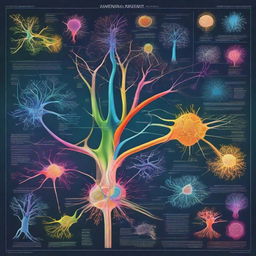 A vibrant and educational poster showcasing the intricate details and structure of neurons, complete with labels and a captivating color scheme.