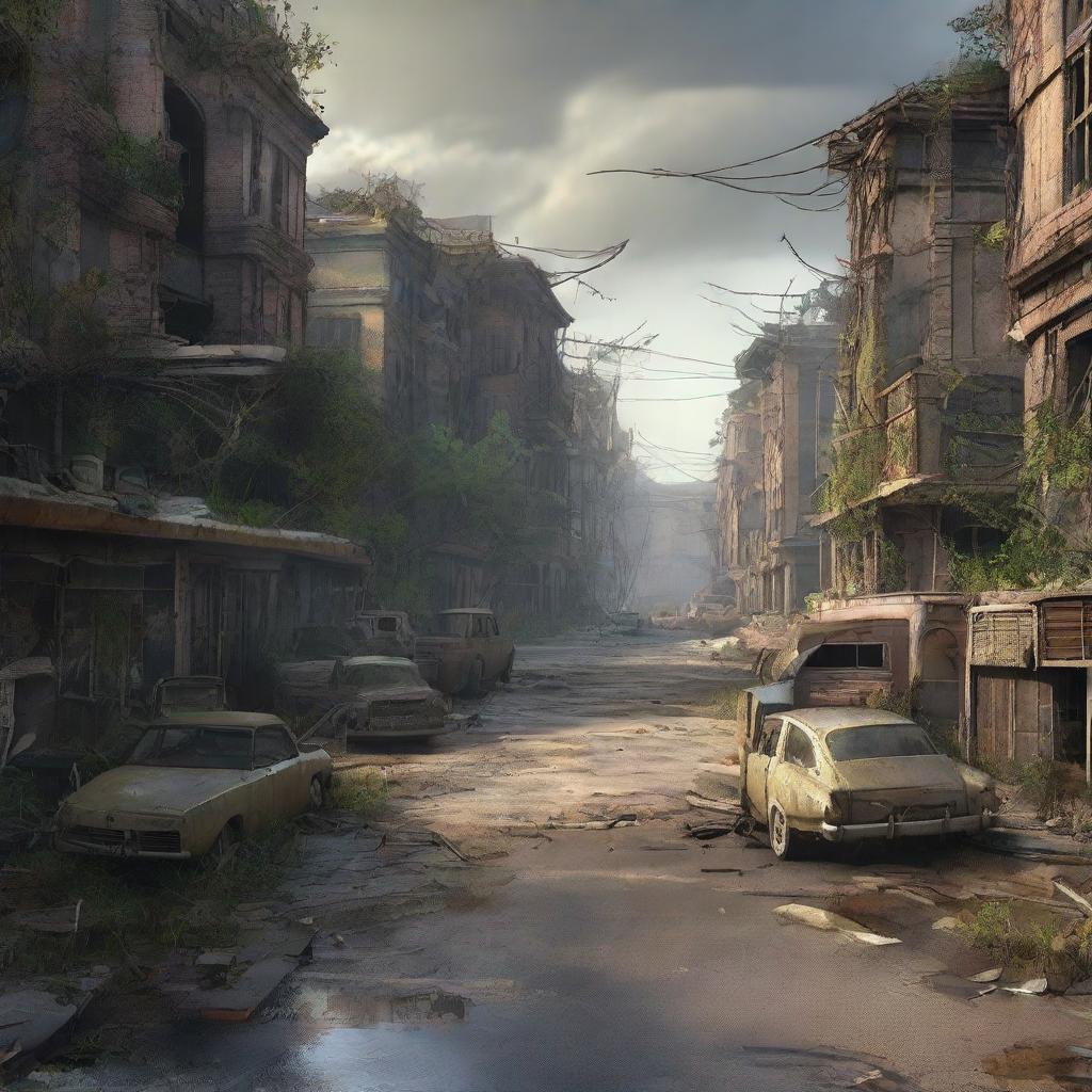 A dynamically detailed 3D image of an apocalyptic world with remnants of dilapidated buildings, deserted roads, and overgrown vegetation.