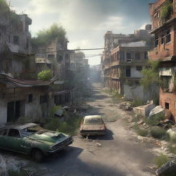 A dynamically detailed 3D image of an apocalyptic world with remnants of dilapidated buildings, deserted roads, and overgrown vegetation.