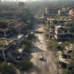 A dynamically detailed 3D image of an apocalyptic world with remnants of dilapidated buildings, deserted roads, and overgrown vegetation.