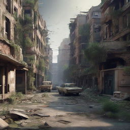 A dynamically detailed 3D image of an apocalyptic world with remnants of dilapidated buildings, deserted roads, and overgrown vegetation.