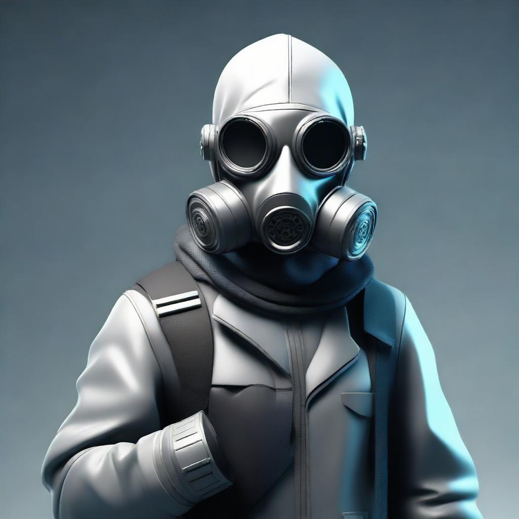 A 3D representation of an anime style male character adorned with a gas mask. The character radiates a sense of mystery and intrigue.