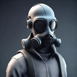 A 3D representation of an anime style male character adorned with a gas mask. The character radiates a sense of mystery and intrigue.