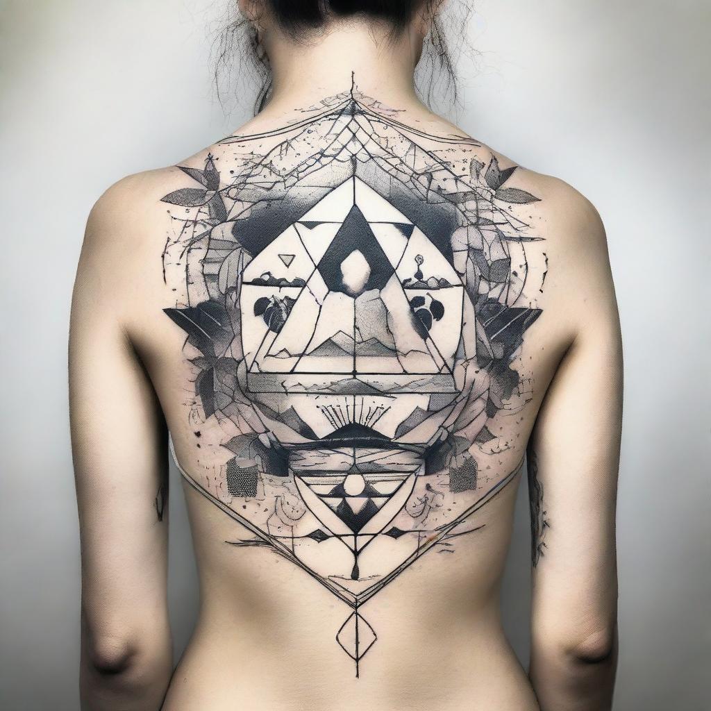 A unique tattoo design featuring a mixture of geometric and organic elements, intertwined with a dash of celestial symbolism.