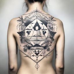 A unique tattoo design featuring a mixture of geometric and organic elements, intertwined with a dash of celestial symbolism.