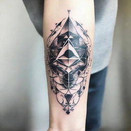 A unique tattoo design featuring a mixture of geometric and organic elements, intertwined with a dash of celestial symbolism.