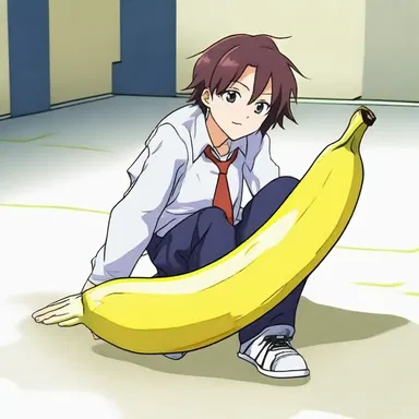 In the anime show, one of the characters slips on a banana peel, which is a classic visual joke.