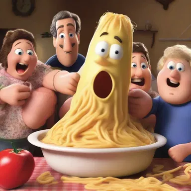 The comedy film includes several hilarious visual jokes, such as characters getting tangled in a giant spaghetti mess.