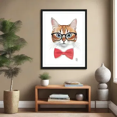 The interior designer incorporated a visual joke by placing a painting of a cat with glasses on a bookshelf, surprising guests with a humorous touch.