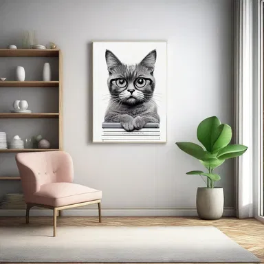 The interior designer incorporated a visual joke by placing a painting of a cat with glasses on a bookshelf, surprising guests with a humorous touch.