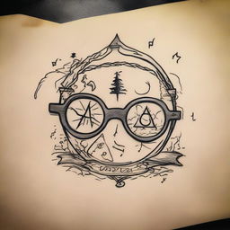 A cool Harry Potter themed tattoo design featuring elements like glasses, a lightning bolt, the Deathly Hallows symbol, and a snippet from a spell.