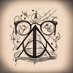 A cool Harry Potter themed tattoo design featuring elements like glasses, a lightning bolt, the Deathly Hallows symbol, and a snippet from a spell.