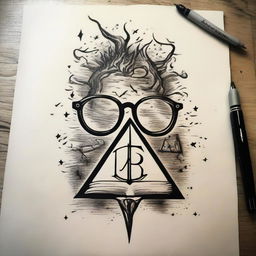 A cool Harry Potter themed tattoo design featuring elements like glasses, a lightning bolt, the Deathly Hallows symbol, and a snippet from a spell.