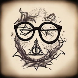 A cool Harry Potter themed tattoo design featuring elements like glasses, a lightning bolt, the Deathly Hallows symbol, and a snippet from a spell.