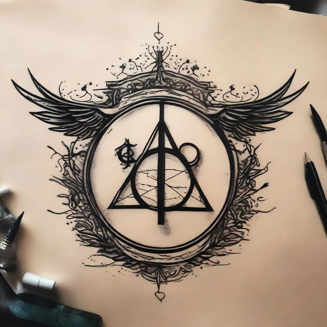 A unique tattoo design incorporating significant elements from Harry Potter, such as: the iconic glasses, a lightning bolt, Hogwarts silhouette, and symbols like the Deathly Hallows or Golden Snitch.