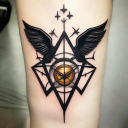 A unique tattoo design incorporating significant elements from Harry Potter, such as: the iconic glasses, a lightning bolt, Hogwarts silhouette, and symbols like the Deathly Hallows or Golden Snitch.