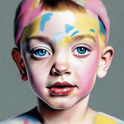 An imaginative portrait of a child, reflecting a combination of physical traits from Eminem and Katy Perry, complemented with a unique style hinting at both artists' individuality.