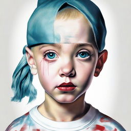 An imaginative portrait of a child, reflecting a combination of physical traits from Eminem and Katy Perry, complemented with a unique style hinting at both artists' individuality.