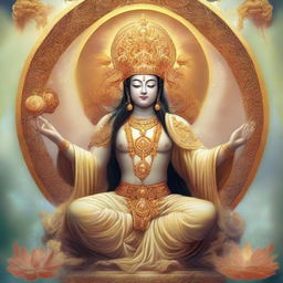 A non-denominational, respectful representation of a deity with omnipotent power, often portrayed with celestial and ethereal elements, in a setting filled with peace and serenity.