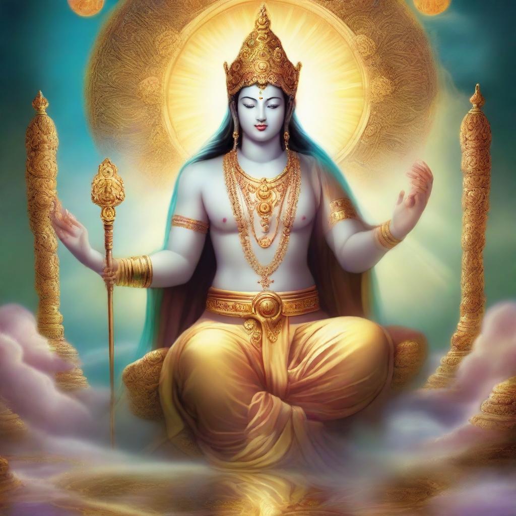 A non-denominational, respectful representation of a deity with omnipotent power, often portrayed with celestial and ethereal elements, in a setting filled with peace and serenity.