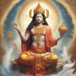 A non-denominational, respectful representation of a deity with omnipotent power, often portrayed with celestial and ethereal elements, in a setting filled with peace and serenity.