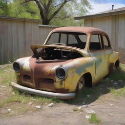 A comical portrayal of a '10 dollar car'; dilapidated, aged, with visible patches and parts barely holding together. It still demonstrates charm and character despite its ragged appearance.