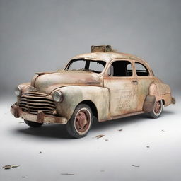 A comical portrayal of a '10 dollar car'; dilapidated, aged, with visible patches and parts barely holding together. It still demonstrates charm and character despite its ragged appearance.