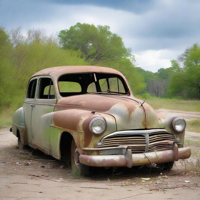 A comical portrayal of a '10 dollar car'; dilapidated, aged, with visible patches and parts barely holding together. It still demonstrates charm and character despite its ragged appearance.