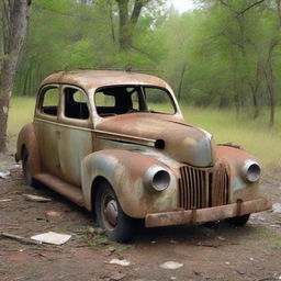 A comical portrayal of a '10 dollar car'; dilapidated, aged, with visible patches and parts barely holding together. It still demonstrates charm and character despite its ragged appearance.