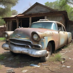 A depiction of a '100 dollar car'; weathered and worn-out, with mismatched parts and possible minor damages. Nevertheless, it retains a quirky charm, revealing stories of its past.