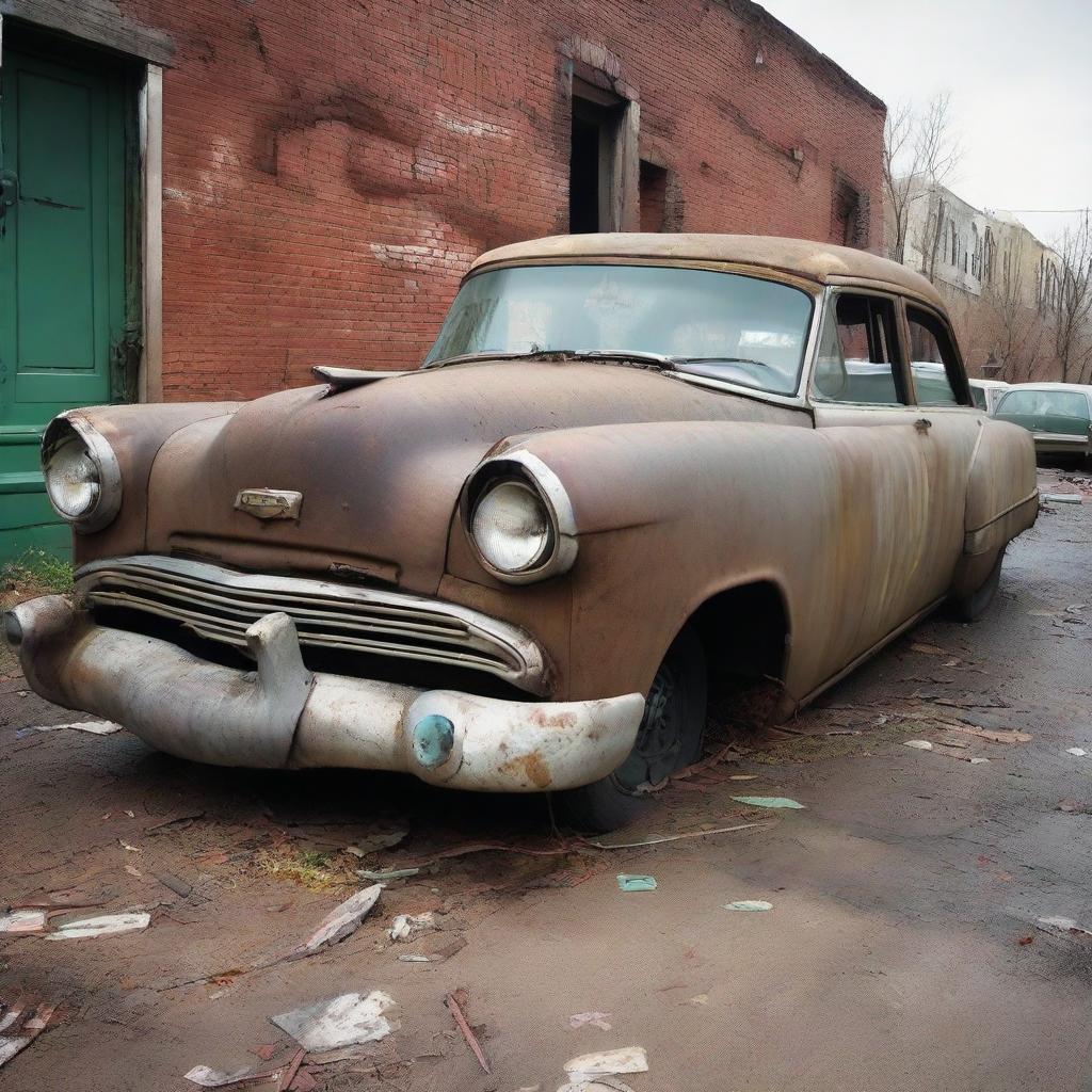 A depiction of a '100 dollar car'; weathered and worn-out, with mismatched parts and possible minor damages. Nevertheless, it retains a quirky charm, revealing stories of its past.