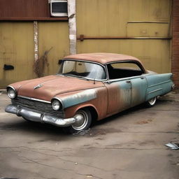 A depiction of a '100 dollar car'; weathered and worn-out, with mismatched parts and possible minor damages. Nevertheless, it retains a quirky charm, revealing stories of its past.