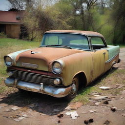 A depiction of a '100 dollar car'; weathered and worn-out, with mismatched parts and possible minor damages. Nevertheless, it retains a quirky charm, revealing stories of its past.