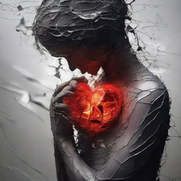 A symbolic representation of the 'pain of love'. A heart, beautifully textured yet visibly fractured, glows warmly within a solitary figure, encapsulating the paradox of love's pleasure and pain.