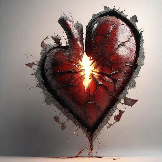 A symbolic representation of the 'pain of love'. A heart, beautifully textured yet visibly fractured, glows warmly within a solitary figure, encapsulating the paradox of love's pleasure and pain.