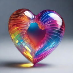 A stunningly detailed view of a beautiful heart. Sculpted from crystalline material, it gleams with layers of radiant colors, each facet reflecting light beautifully.