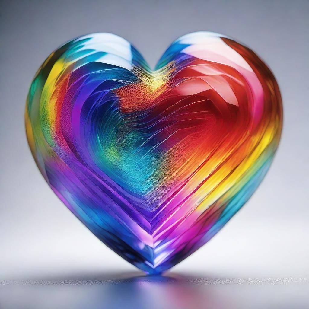 A stunningly detailed view of a beautiful heart. Sculpted from crystalline material, it gleams with layers of radiant colors, each facet reflecting light beautifully.