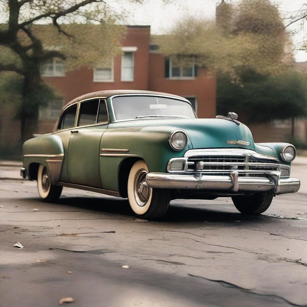 A visual of a '1000 dollar car'; it's older and used, yet functional with noticeable wear and tear. It should exude a vintage charm, with its dents and faded paint symbolizing its history.