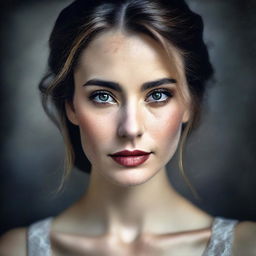 A striking 'Sinful Beauty' portrait. A captivating individual with a mix of alluring beauty and a hint of intriguing darkness in their eyes, suggesting an enthralling combination of beauty and transgression.