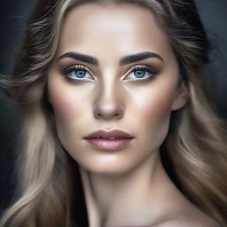 A striking 'Sinful Beauty' portrait. A captivating individual with a mix of alluring beauty and a hint of intriguing darkness in their eyes, suggesting an enthralling combination of beauty and transgression.