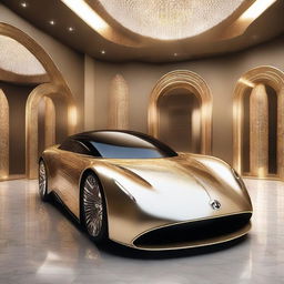 A depiction of a fantastical luxury car of unimaginable value; sleek and futuristic, featuring cutting-edge technology and adorned with precious materials like gold and diamonds, manifesting opulence beyond compare.