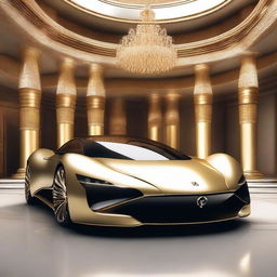 A depiction of a fantastical luxury car of unimaginable value; sleek and futuristic, featuring cutting-edge technology and adorned with precious materials like gold and diamonds, manifesting opulence beyond compare.