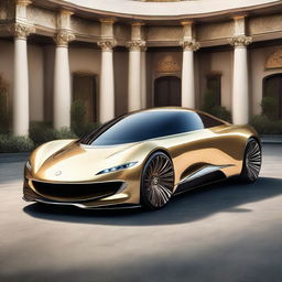 A depiction of a fantastical luxury car of unimaginable value; sleek and futuristic, featuring cutting-edge technology and adorned with precious materials like gold and diamonds, manifesting opulence beyond compare.