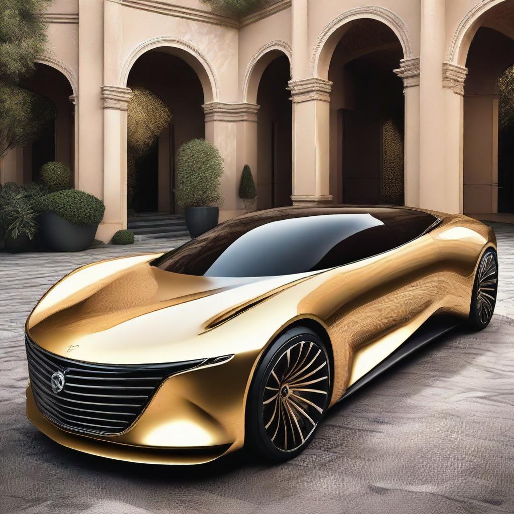 A depiction of a fantastical luxury car of unimaginable value; sleek and futuristic, featuring cutting-edge technology and adorned with precious materials like gold and diamonds, manifesting opulence beyond compare.