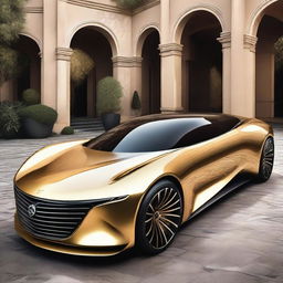 A depiction of a fantastical luxury car of unimaginable value; sleek and futuristic, featuring cutting-edge technology and adorned with precious materials like gold and diamonds, manifesting opulence beyond compare.