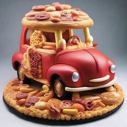 A quirky and imaginative portrait of a car made entirely of food items, such as a hotdog bun for the body, cheese wheels for tires, and pretzels for the steering wheel.