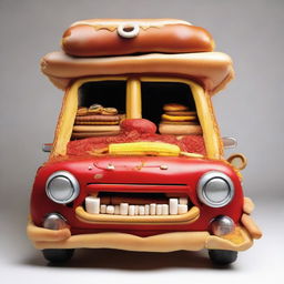 A quirky and imaginative portrait of a car made entirely of food items, such as a hotdog bun for the body, cheese wheels for tires, and pretzels for the steering wheel.