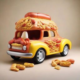 A quirky and imaginative portrait of a car made entirely of food items, such as a hotdog bun for the body, cheese wheels for tires, and pretzels for the steering wheel.